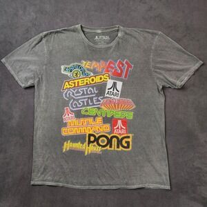 Atari Shirt Men Large Gray Sticker Collage Cotton Graphic Tee Asteroids Gravitar